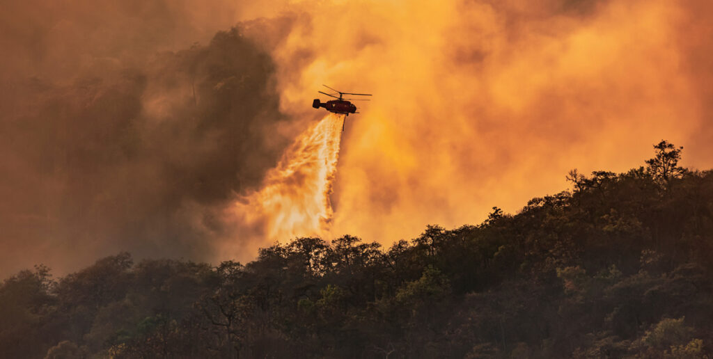 Helicopter dumping water on forest fire
